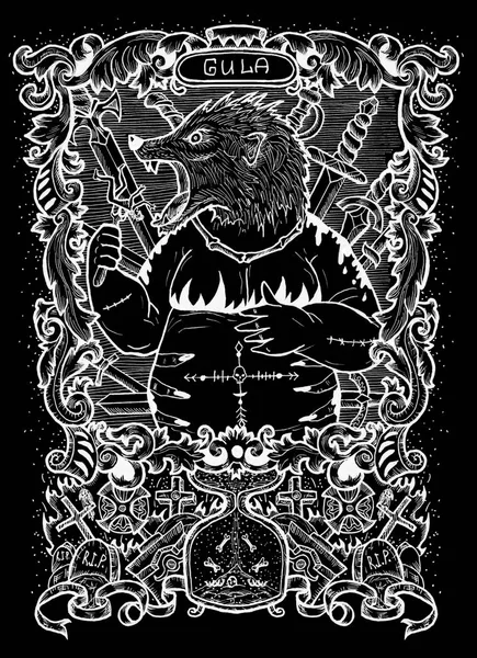 Gluttony. Latin word Gula means Obesity. Seven deadly sins concept, white silhouette on black background. Hand drawn engraved illustration, tattoo and t-shirt design, religious symbol