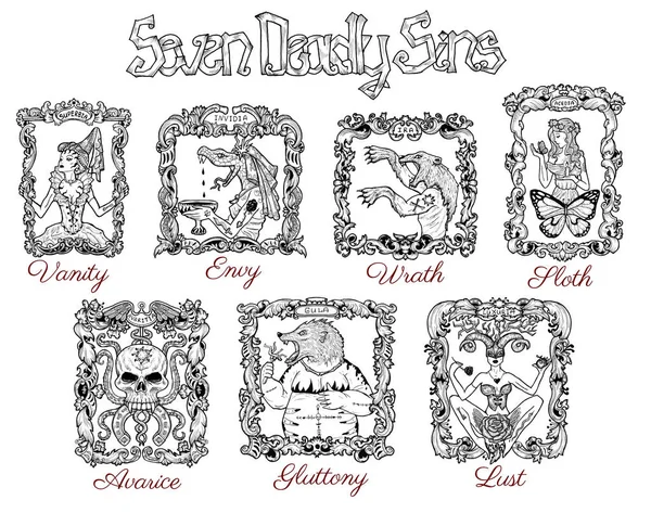 Collection with seven deadly sins concept drawings in baroque frames. Hand drawn engraved illustration, tattoo and t-shirt design, religious symbol