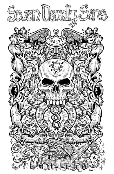 Greed. Latin word Avaritia means Avarice. Seven deadly sins concept, black and white line art. Hand drawn engraved illustration, tattoo and t-shirt design, religious symbol