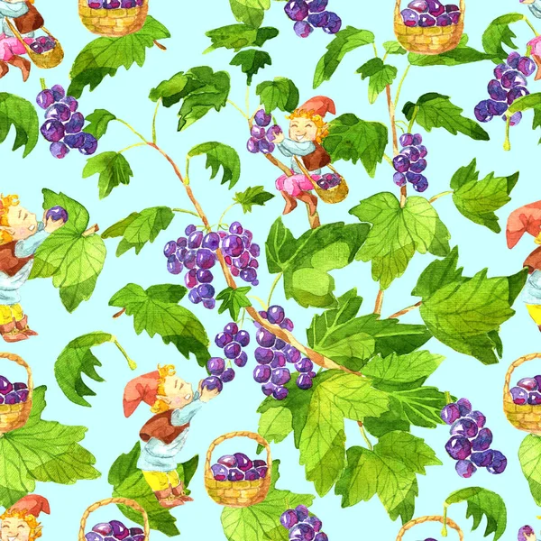 Seamless patterns with funny gnomes gathering ripe currant berries. Watercolor illustration with summer season background, botanical drawings for print, fabric, textile