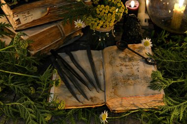 Open book with magic spells, black candles and with herbs in candlelight. Mystic background with ritual esoteric objects, occult, fortune telling and halloween concept