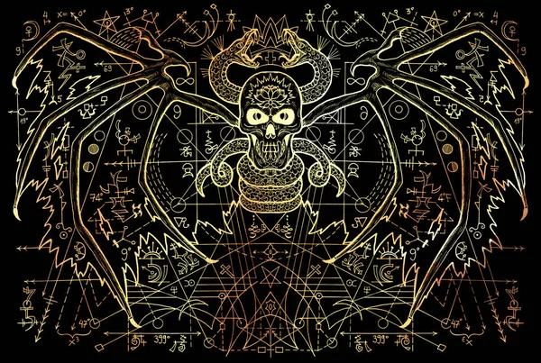 Winged demon and snake with mysterious symbols and geometric line on black. Esoteric, occult, new age and wicca concept, Halloween illustration with mystic symbols and sacred geometry