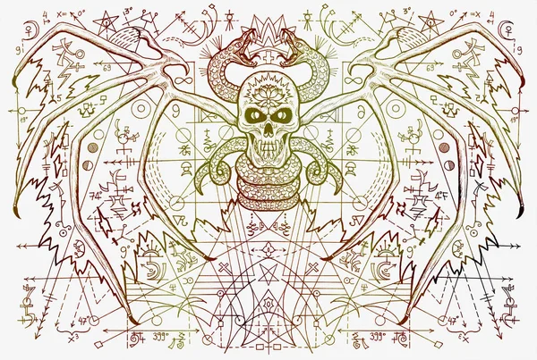 Demon skull and snake with mystic geometric symbols on white. Esoteric, occult, new age and wicca concept, fantasy illustration with mystic symbols and sacred geometry