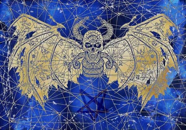 Scary demon with evil symbols on wings and pentagram on blue texture. Esoteric, occult and Halloween concept, illustration with mystic symbols and sacred geometry