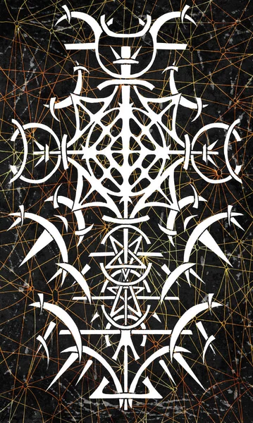 Back cover design of tarot card. Gothic pattern on lined cosmic background. Esoteric, occult and Halloween concept, illustration with mystic gothic symbols