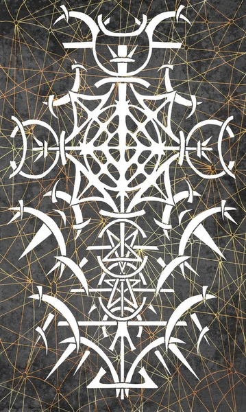 Back cover design of tarot card. White gothic pattern on cosmic background. Esoteric, occult and Halloween concept, illustration with mystic gothic symbols