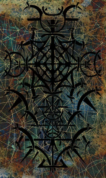 Back cover design of tarot card. Black gothic pattern on mysterious texture background. Esoteric, occult and Halloween concept, illustration with mystic gothic symbols