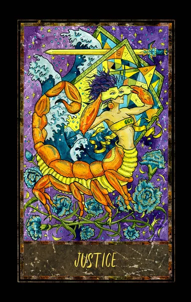 Justice. Major Arcana tarot card. The Magic Gate deck. Fantasy graphic illustration with occult magic symbols, gothic and esoteric concept