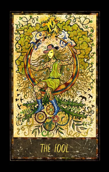 Fool. Major Arcana tarot card. The Magic Gate deck. Fantasy graphic illustration with occult magic symbols, gothic and esoteric concept