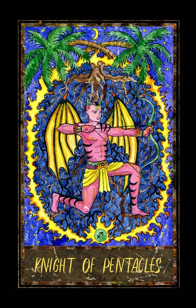 Knight of pentacles. Minor Arcana tarot card. The Magic Gate deck. Fantasy graphic illustration with occult magic symbols, gothic and esoteric concept