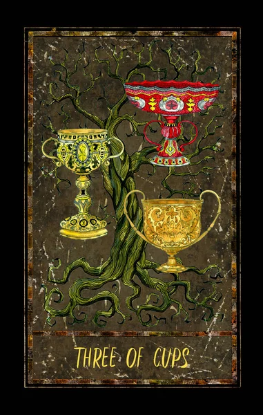 Three of cups. Minor Arcana tarot card. The Magic Gate deck. Fantasy graphic illustration with occult magic symbols, gothic and esoteric concept