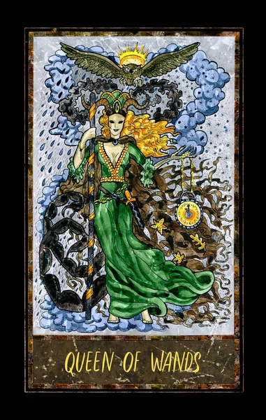 Queen of wands. Minor Arcana tarot card. The Magic Gate deck. Fantasy graphic illustration with occult magic symbols, gothic and esoteric concept