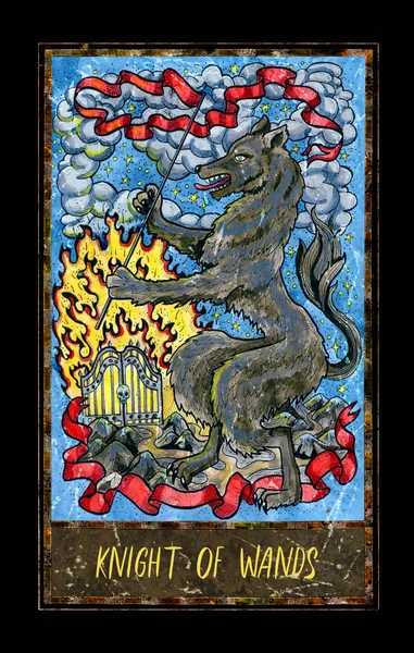 Knight of wands. Minor Arcana tarot card. The Magic Gate deck. Fantasy graphic illustration with occult magic symbols, gothic and esoteric concept