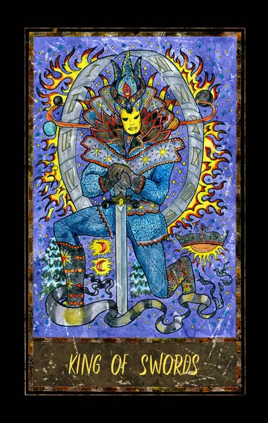 King of swords. Minor Arcana tarot card. The Magic Gate deck. Fantasy graphic illustration with occult magic symbols, gothic and esoteric concept