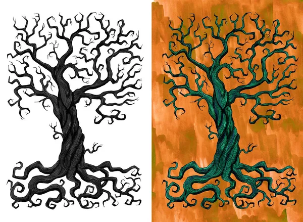 Mysterious scary tree with branches and roots isolated and against textured background. Hand drawn doodle graphic illustration with fantasy and mystic objects