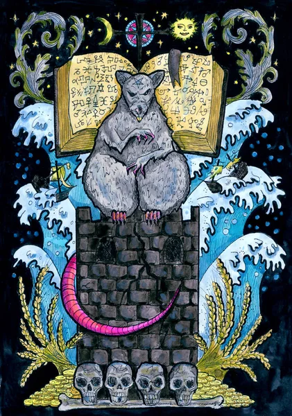 Rat and tower. Hand drawn fantasy graphic illustration. Occult mystic drawing with symbol of eastern calendar zodiac animal, mystic astrology background.