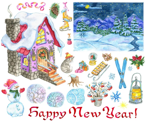 New Year design set with country house, snowman, landscape, holiday objects. Hand painted winter watercolor clip art illustrations isolated on white background