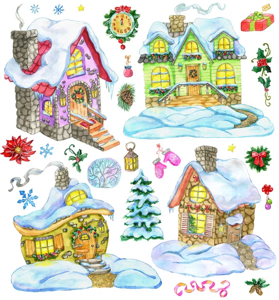 Christmas and new year design set with cute country houses and holiday decorations. Hand painted winter watercolor clip art illustrations isolated on white background