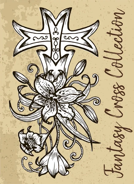 Fantasy Cross Lily Flower Texture Background Vintage Vector Decorative Religious Royalty Free Stock Illustrations