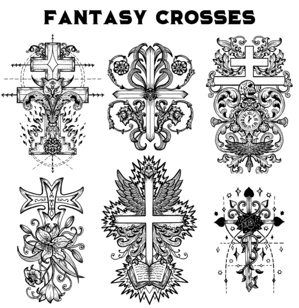 Black and white collection of fantasy gothic crosses. Vintage decorative religious illustration, old gothic graphic symbols, abstract drawing