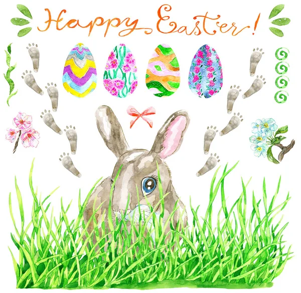 Design set with Easter rabbit in grass, hand decorated eggs, spring flowers. Hand drawn illustration. Happy Easter! Graphic spring elements for invitation, greeting card, decoration, isolated object on white background