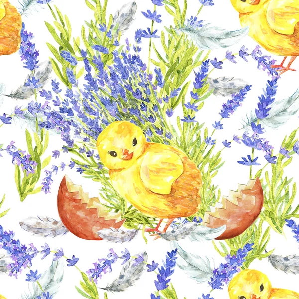 Seamless pattern with funny chicken, egg shell and lavender flowers on white. Repeated background with hand drawn watercolor doodle illustration.