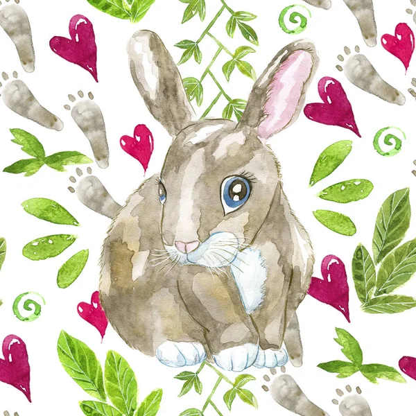 Seamless pattern with Easter rabbit, animal trails, leaves and heart decorations. Repeated background with hand drawn watercolor doodle illustration.