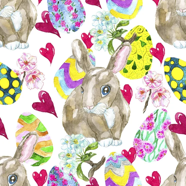 Seamless pattern with Easter funny rabbit, colorful hand painted eggs, flowers and hearts. Repeated background with hand drawn watercolor doodle illustration.