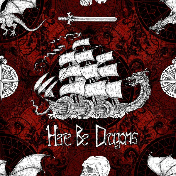 Seamless victorian pattern with Leviathan, sea dragon, old sailboat, compass and skull on red. Graphic nautical illustration, historical adventure concept, vintage transportation background