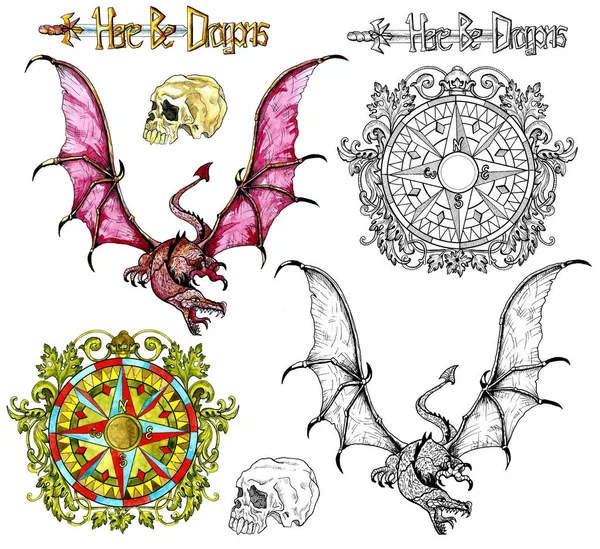 Design set with fantasy flying dragon, baroque compass, skull isolated on white. Watercolor nautical doodle illustration, fantasy adventure and vintage transportation concept
