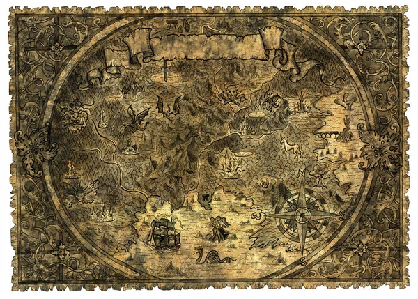 Old pirate map of unknown land with fantasy creatures