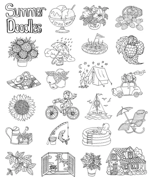 Desain diatur dengan ikon musim panas gambar rumah pondok, bunga, perahu, mobil vintage, benda berkebun  . Grafik Vektor