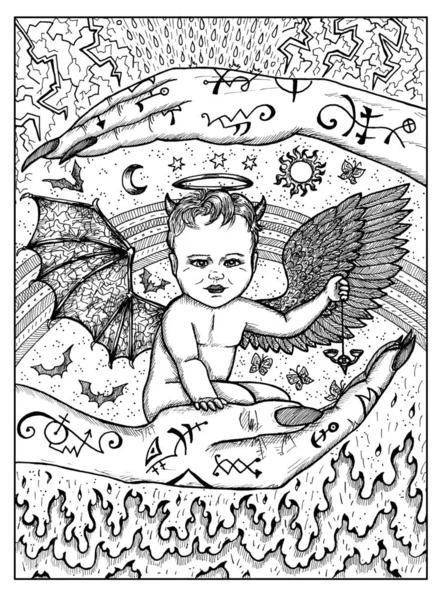 Demon child. Black and white mystic concept for Lenormand oracle tarot card.