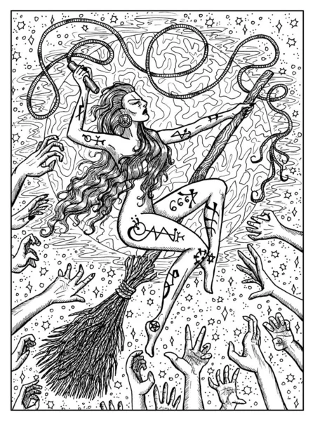 Witch on broomstick. Black and white mystic concept for Lenormand oracle tarot card.