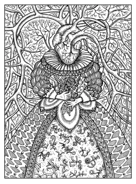 Heart. Black and white mystic concept for Lenormand oracle tarot card.