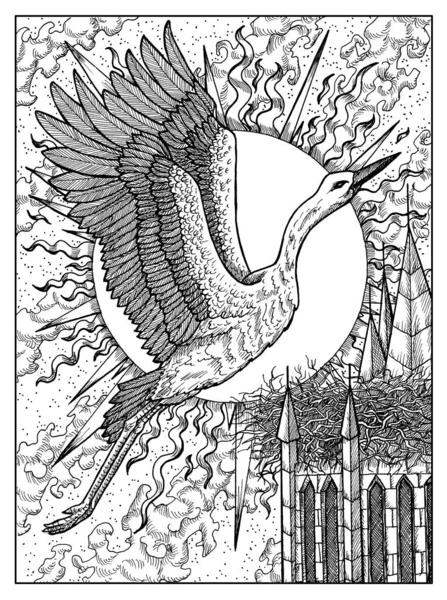 Stork. Black and white mystic concept for Lenormand oracle tarot card.