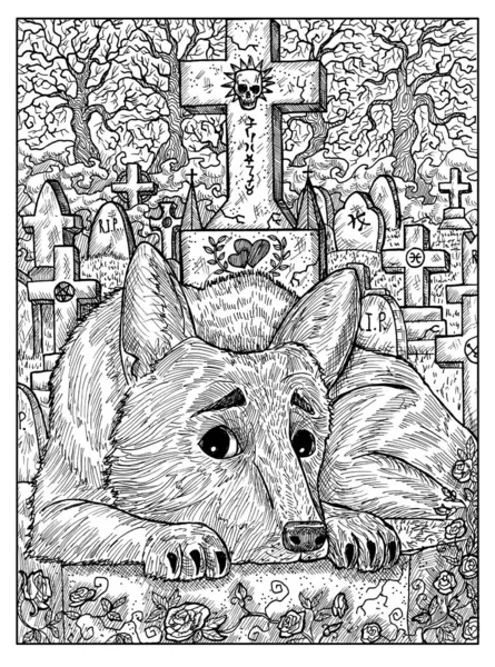 Dog on grave. Black and white mystic concept for Lenormand oracle tarot card.