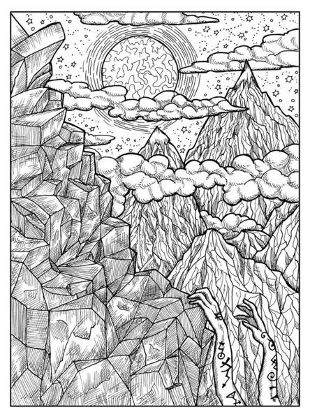 Mountain. Black and white mystic concept for Lenormand oracle tarot card.