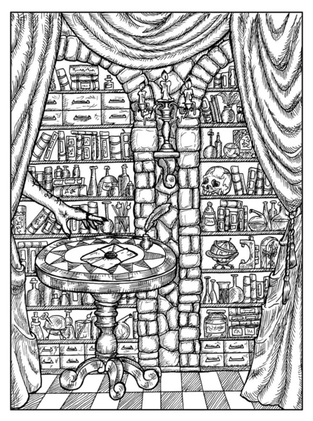 Letter in alchemy laboratory. Black and white mystic concept for Lenormand oracle tarot card.