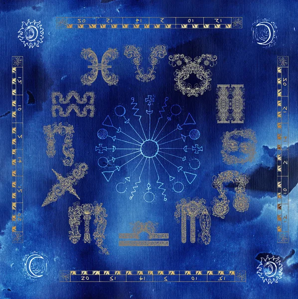 Chart with circle of zodiac signs in blue and gold colors.