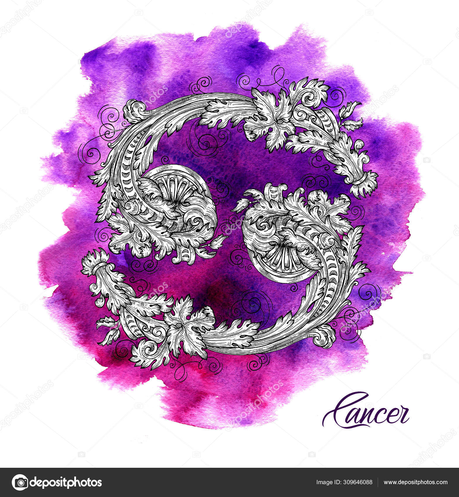 Cancer Zodiac Sign on purple watercolor background. ⬇ Stock Photo, Image by © Samiramay #309646088