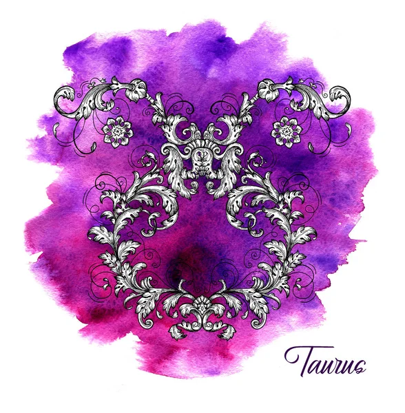 Taurus Zodiac Sign on purple watercolor background.