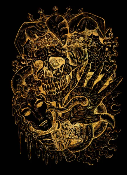 Golden fantasy joker skull with mask and tentacles on black. Esoteric, occult and gothic illustration with symbols of death, Halloween mystic background, engraved outline drawing, tattoo vintage print.