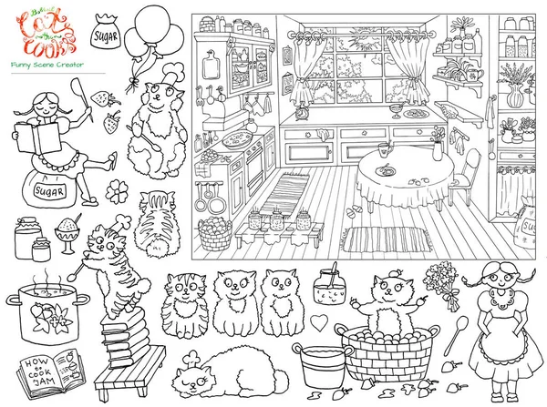 Collection with black and white hand drawn illustration of vintage kitchen sketch, pretty girl and funny bobtail cats helping cook jam, funny scene creator, graphic vintage background, line art drawing for coloring book
