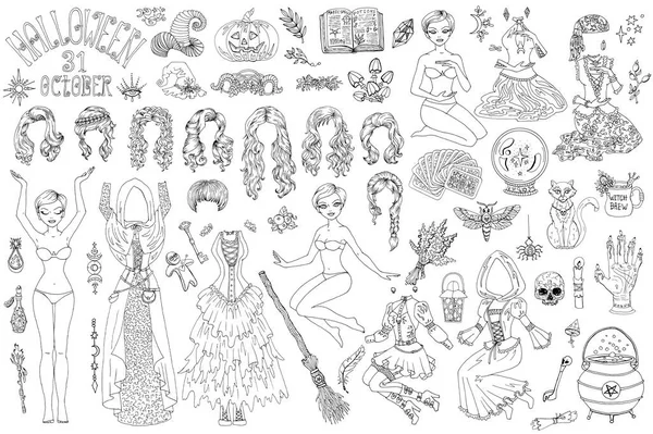 Big collection of dress up paper doll with Halloween witch costumes, pot, broom and scary objects. Hand drawn black and white illustration, coloring page with body template and clothes to cut out