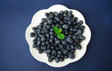 Olgun yaban mersinli beyaz bir tabak mavi arka planda duruyor. Tabak taze nane yapraklarıyla süslenmiş. Düzgün beslenme, diyet, vitamin konsepti. Üst görünüm