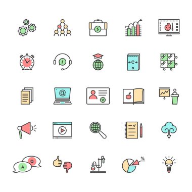 e-öğrenme ve eğitim üzerinde beyaz renk doğrusal dizi. Dijital internet Semineri kişi veya çocuk ve sınıf kavramını keşfetmek. kontur düz stil logo veya ince bir çizgi grafik sanat tasarım