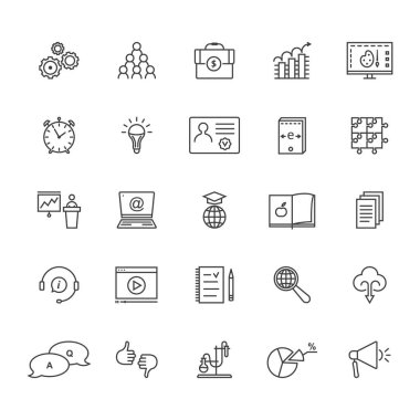 Eğitim ve e-öğrenme üzerinde beyaz izole ince çizgi kümesi. kontur düz stil logo veya doğrusal grafik sanat tasarım. Dijital internet Semineri kişi veya çocuk ve sınıf kavramını keşfetmek