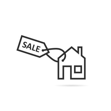 ince çizgi siyah ev simgesini Satılık ve kiralık. Doğrusal düz stil trend modern logo grafik sanat tasarım beyaz arka plan üzerinde izole. satılan veya izin Ajan marka logosu için ev sahibi mülkiyet kavramı