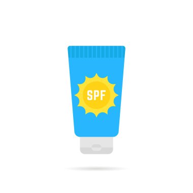 güneş güneş koruma faktörü veya spf kozmetik tüp. sonra sun losyon veya savunma çocuk veya kadın cilt için suncream kavramı. düz stil logo grafik tasarım üzerine beyaz izole
